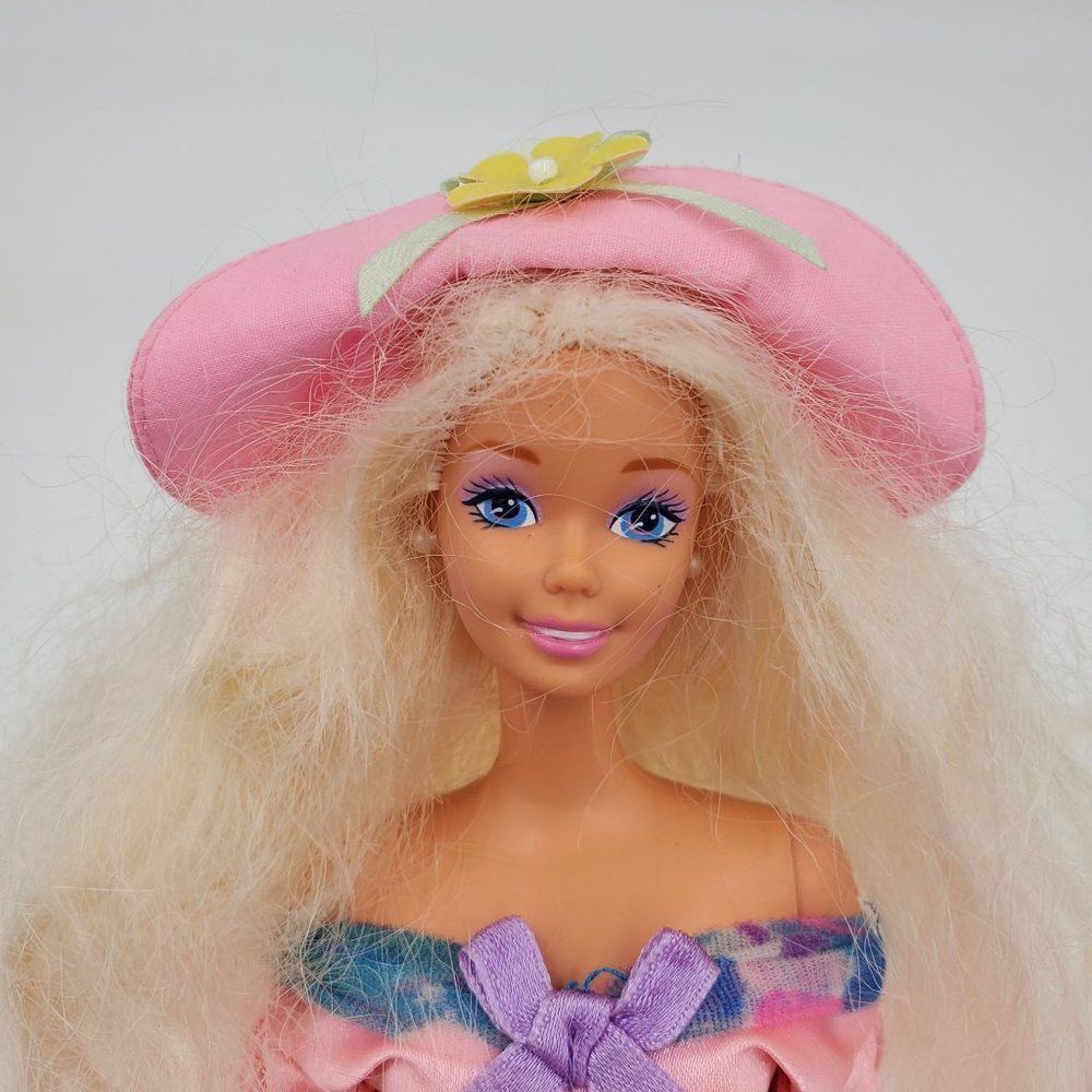 Vintage Mattel Barbie Doll Long Blonde Hair Blue Eyes Pink Dress Hat - Picture 2 of 13